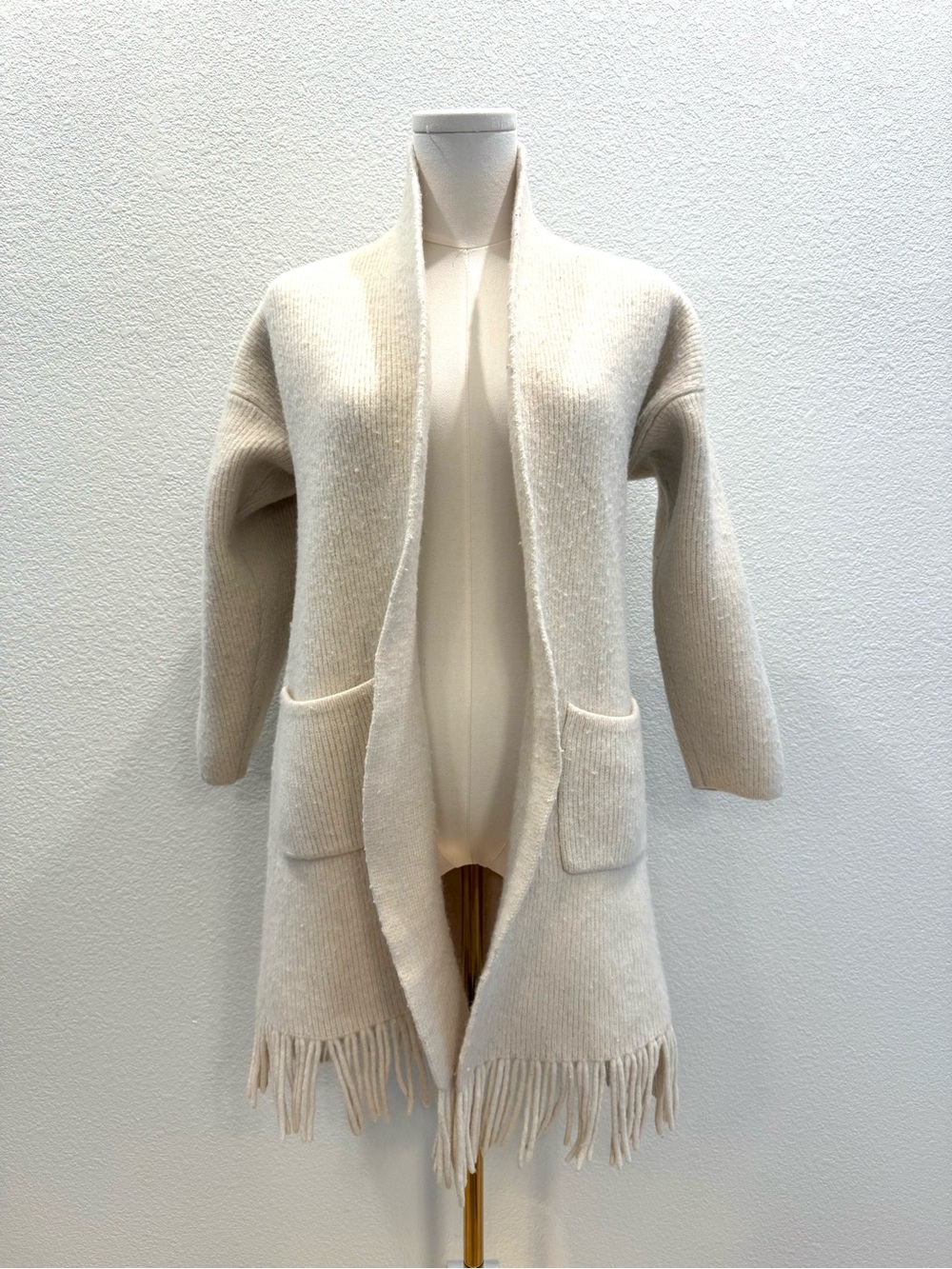 Vintage Cream Open-Front Lambswool Cardigan Sweater with Boho Fringe